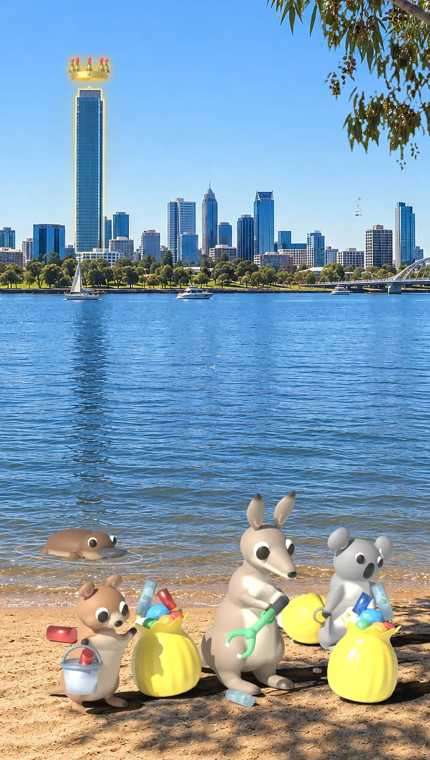 The Perth skyline over the Swan River, with animal buddies cleaning up litter on the foreshore.