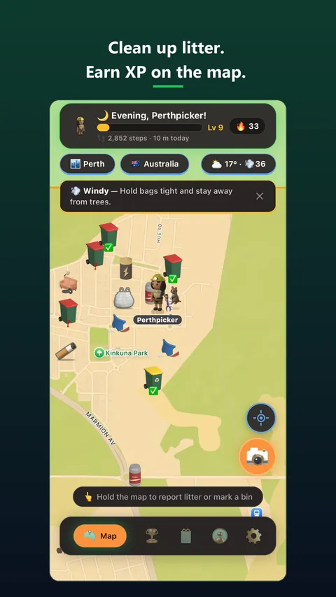 The map: clean up litter and earn XP.